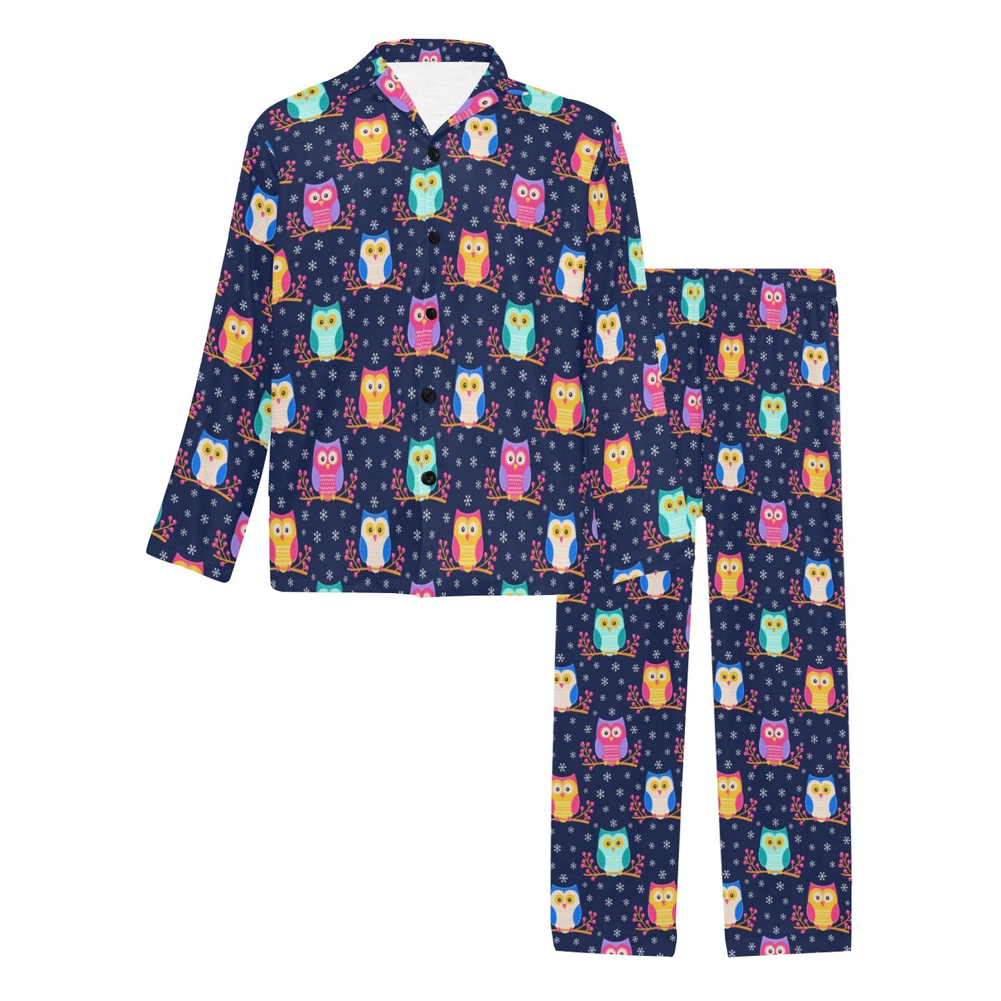 Owl Cute Themed Design Print Men's Long Pajama Set