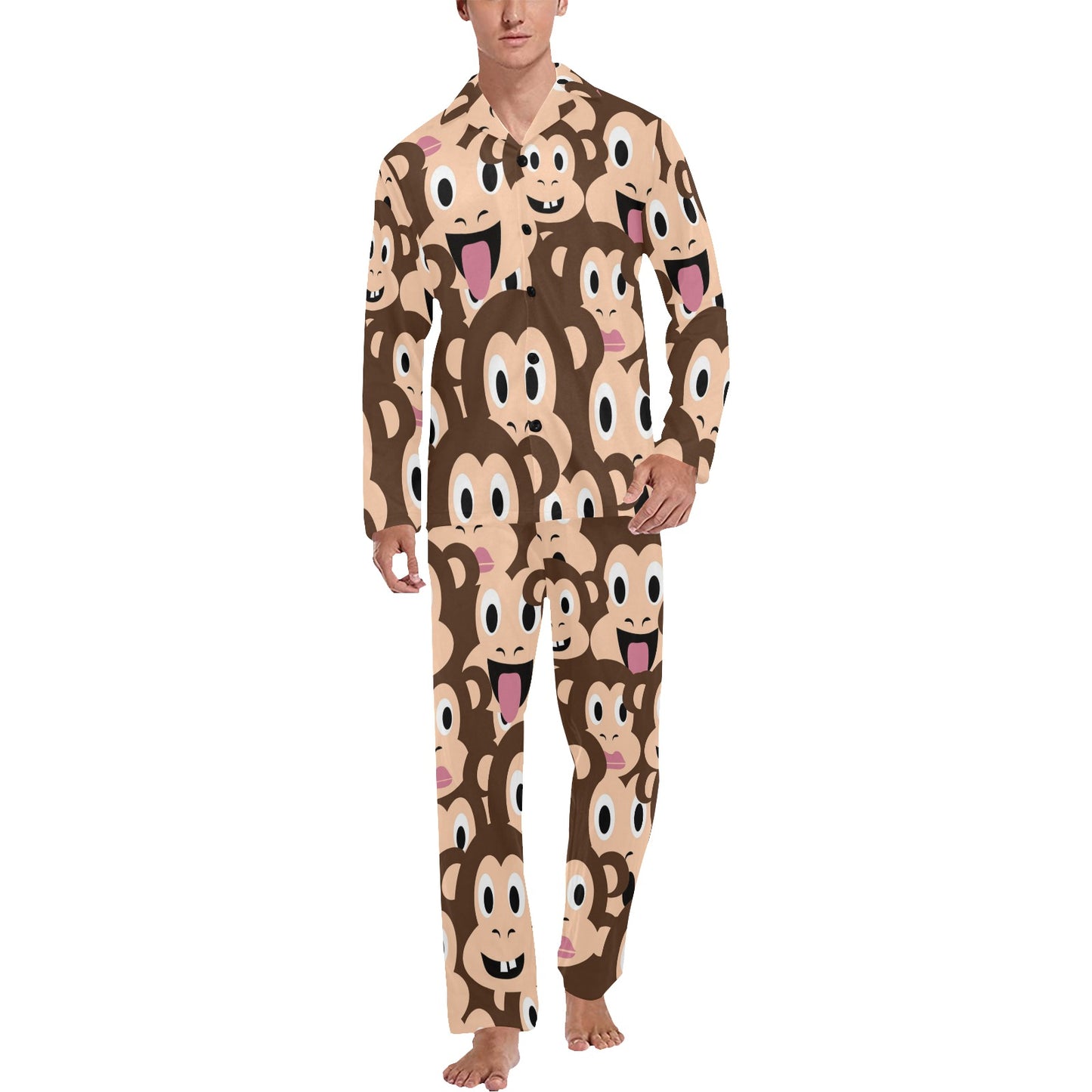 Emoji Monkey Print Pattern Men's Long Pajama Set