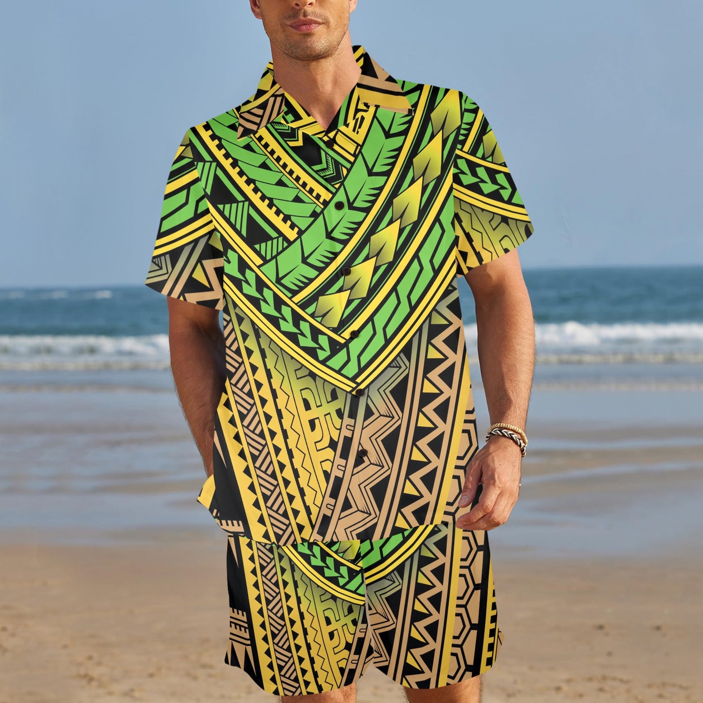 Polynesian Tribal Color Men's Beach Shirt and Shorts Set