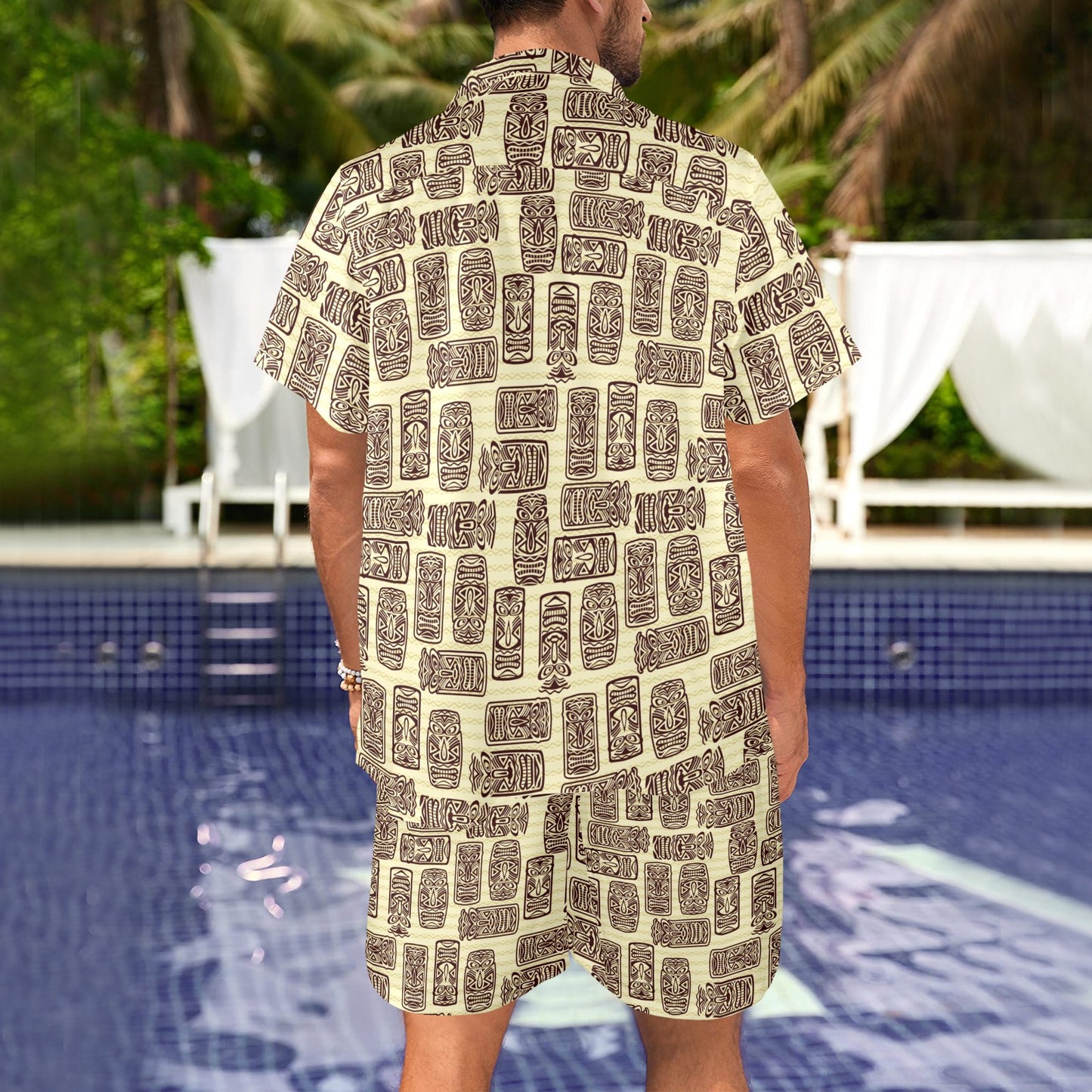 Tiki Brown Mask Print Men's Beach Shirt and Shorts Set