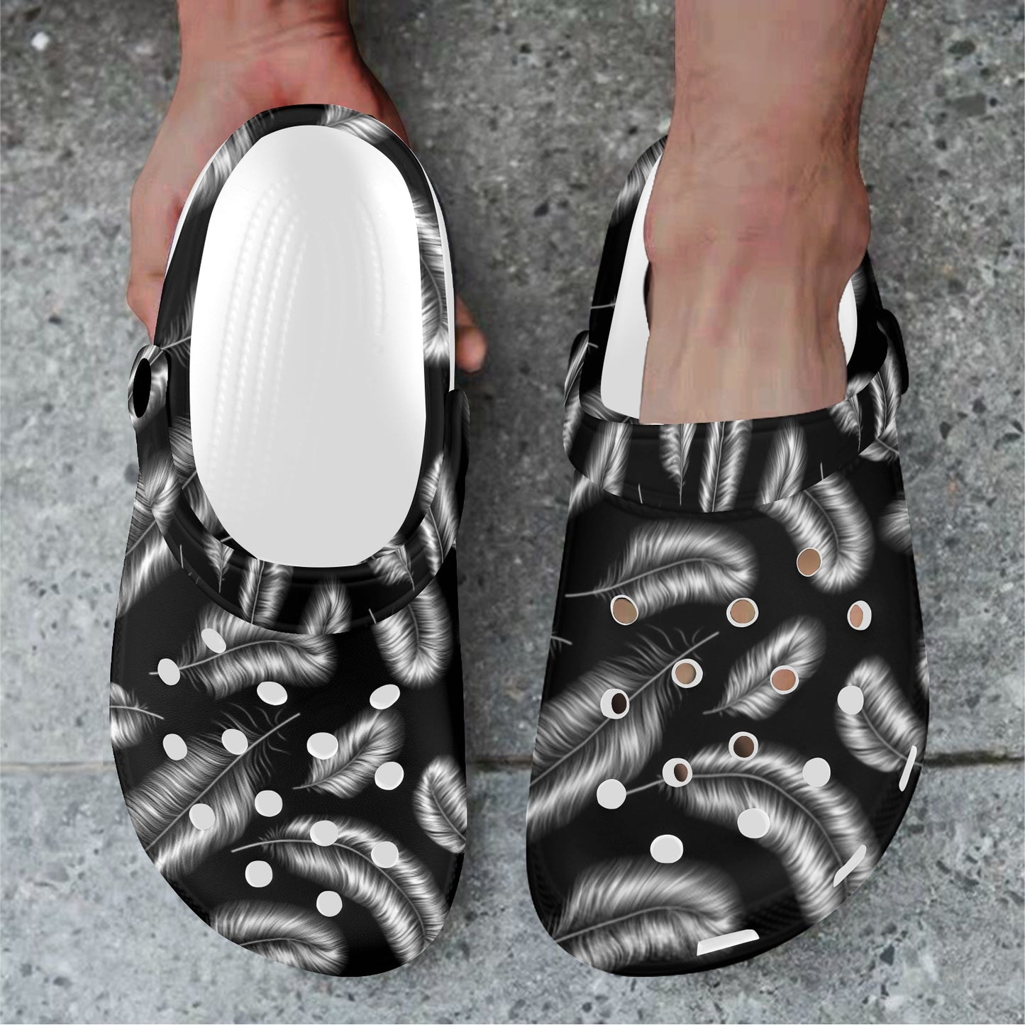 Feather Black White Design Print Unisex Clogs Shoes