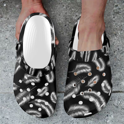 Feather Black White Design Print Unisex Clogs Shoes