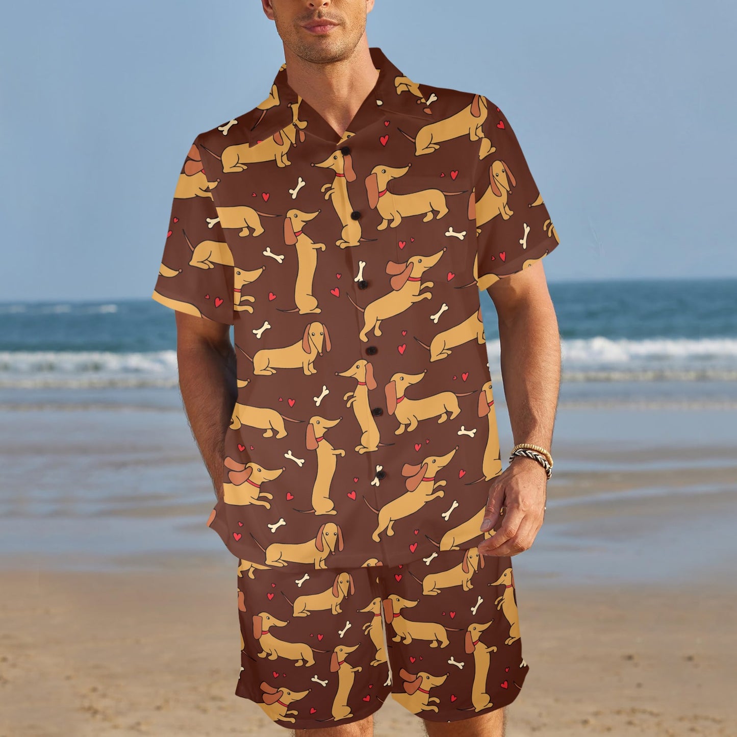 Dachshund Happy Print Pattern Men's Beach Shirt and Shorts Set