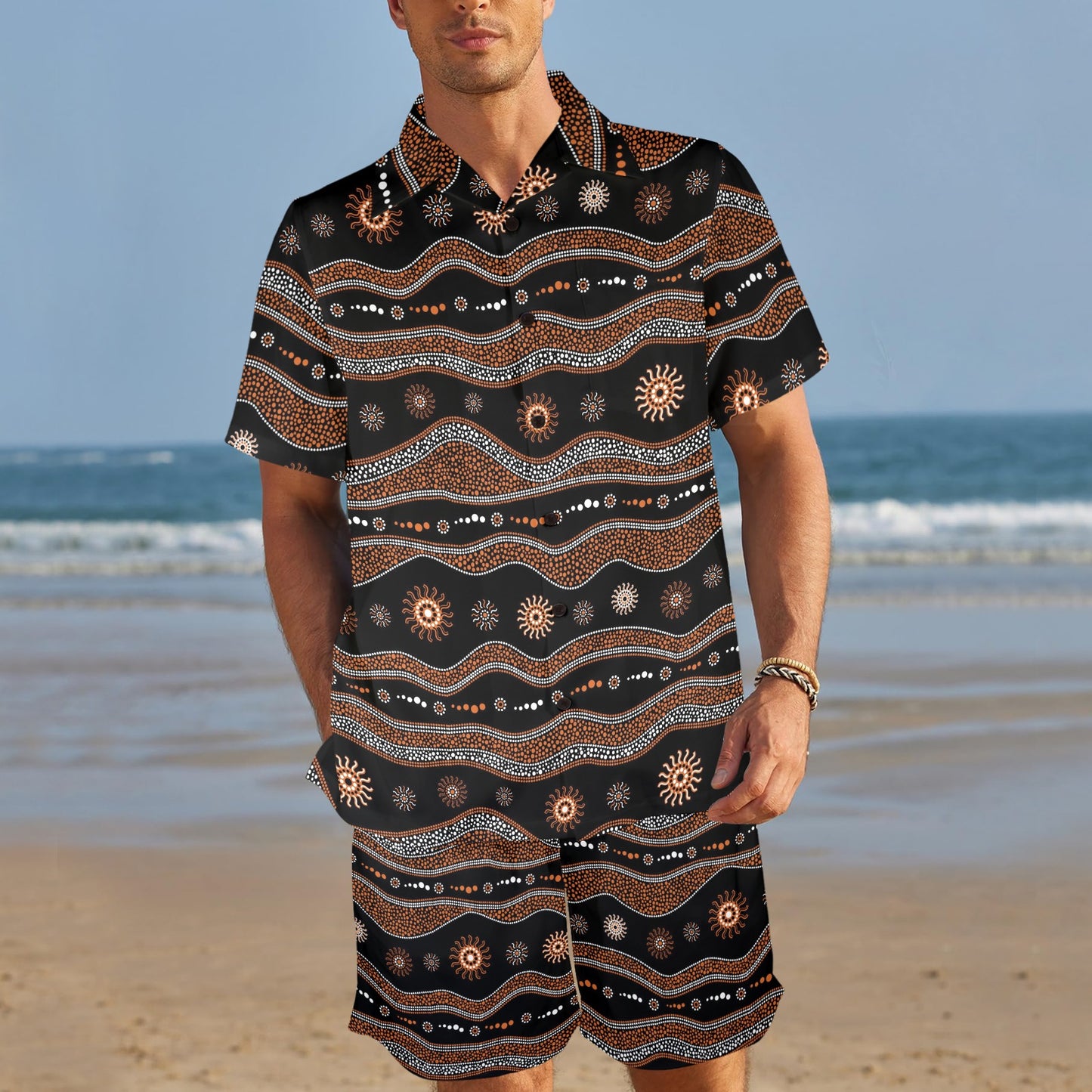 Aboriginal Print Design LKS404 Men's Beach Shirt and Shorts Set