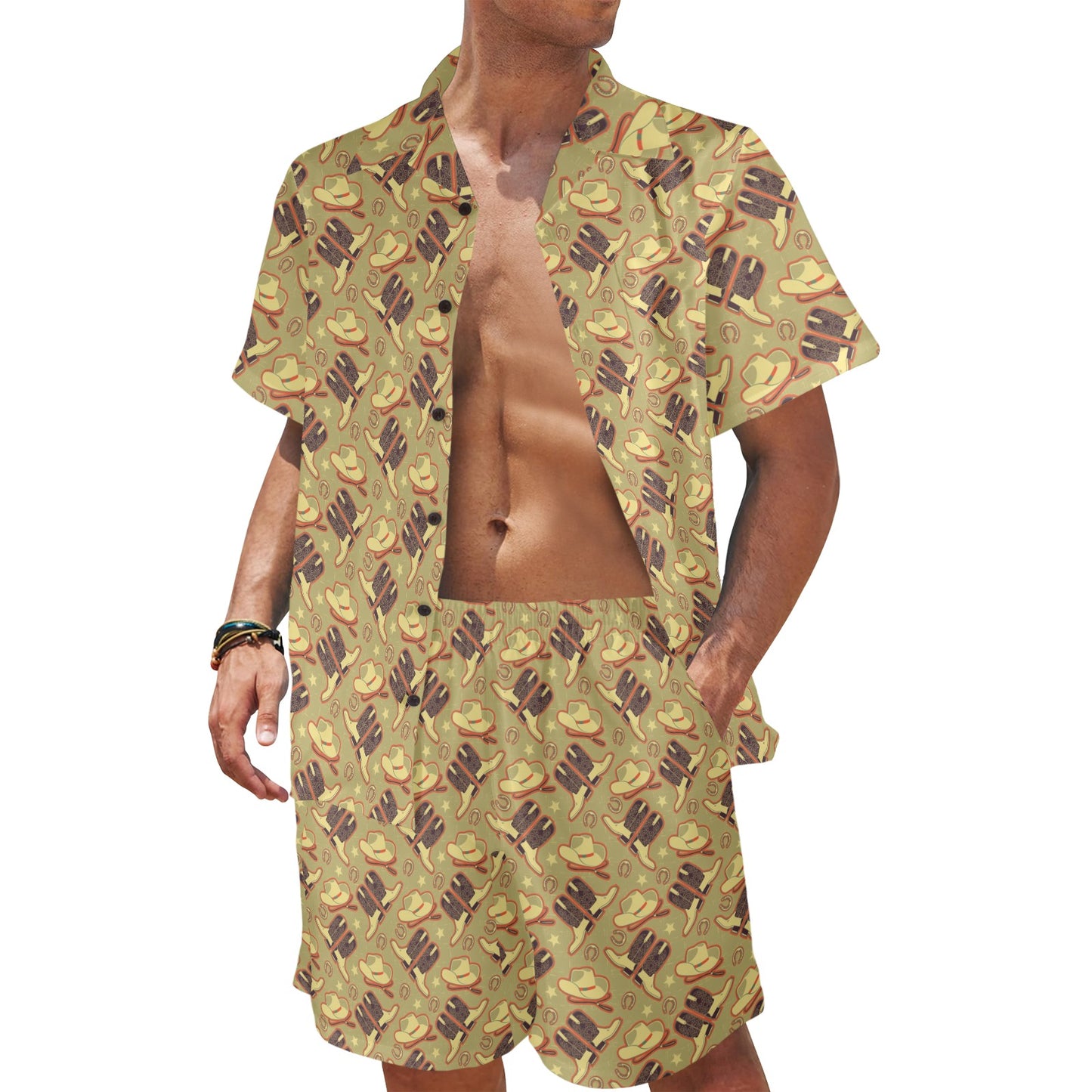 Western Cowboy Themed Men's Beach Shirt and Shorts Set
