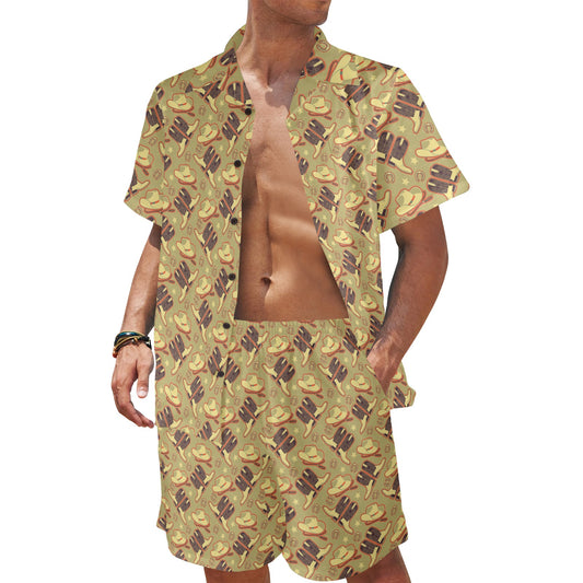 Western Cowboy Themed Men's Beach Shirt and Shorts Set