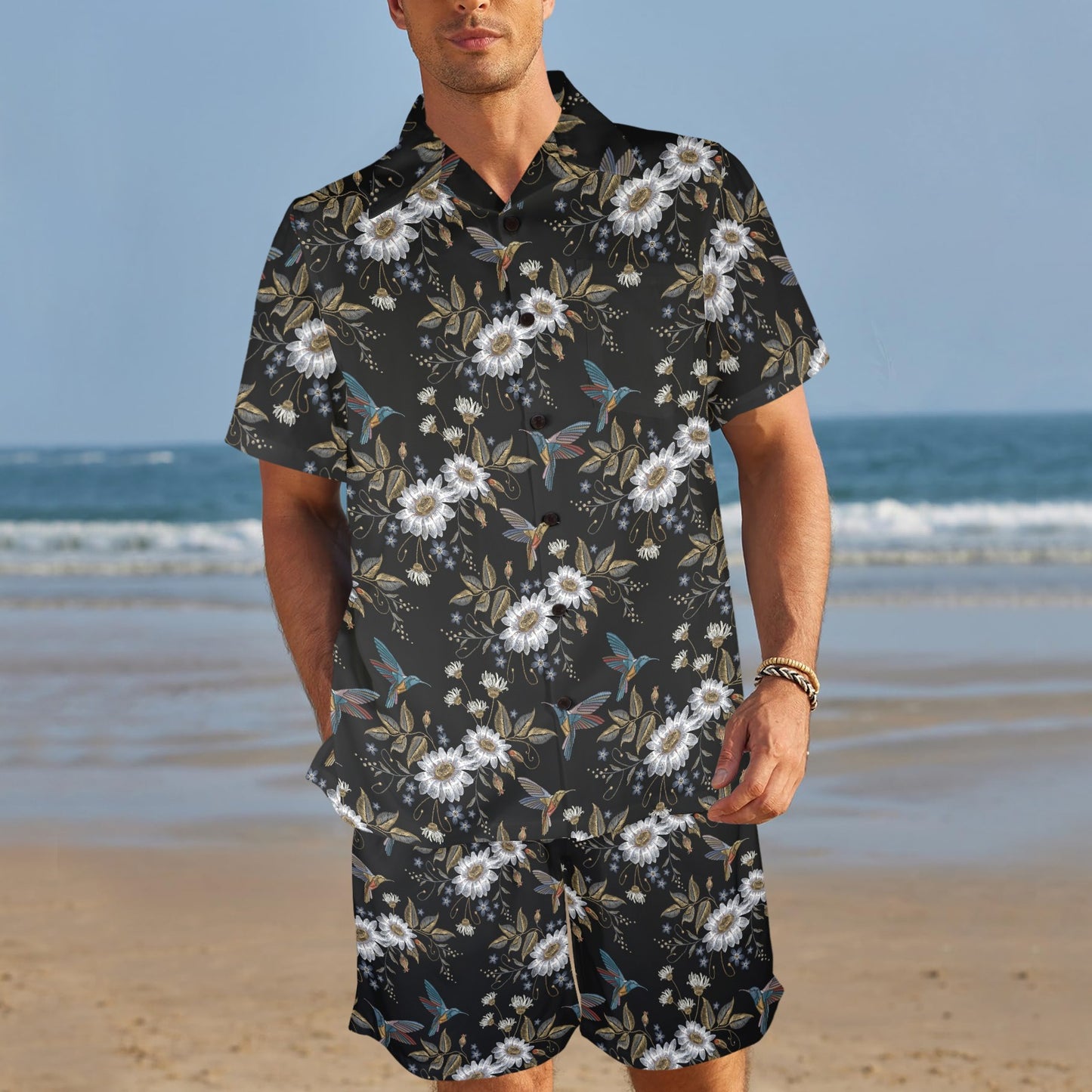Hummingbird with Embroidery Themed Print Men's Beach Shirt and Shorts Set
