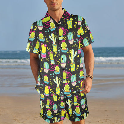 Cactus Neon Style Print Pattern Men's Beach Shirt and Shorts Set