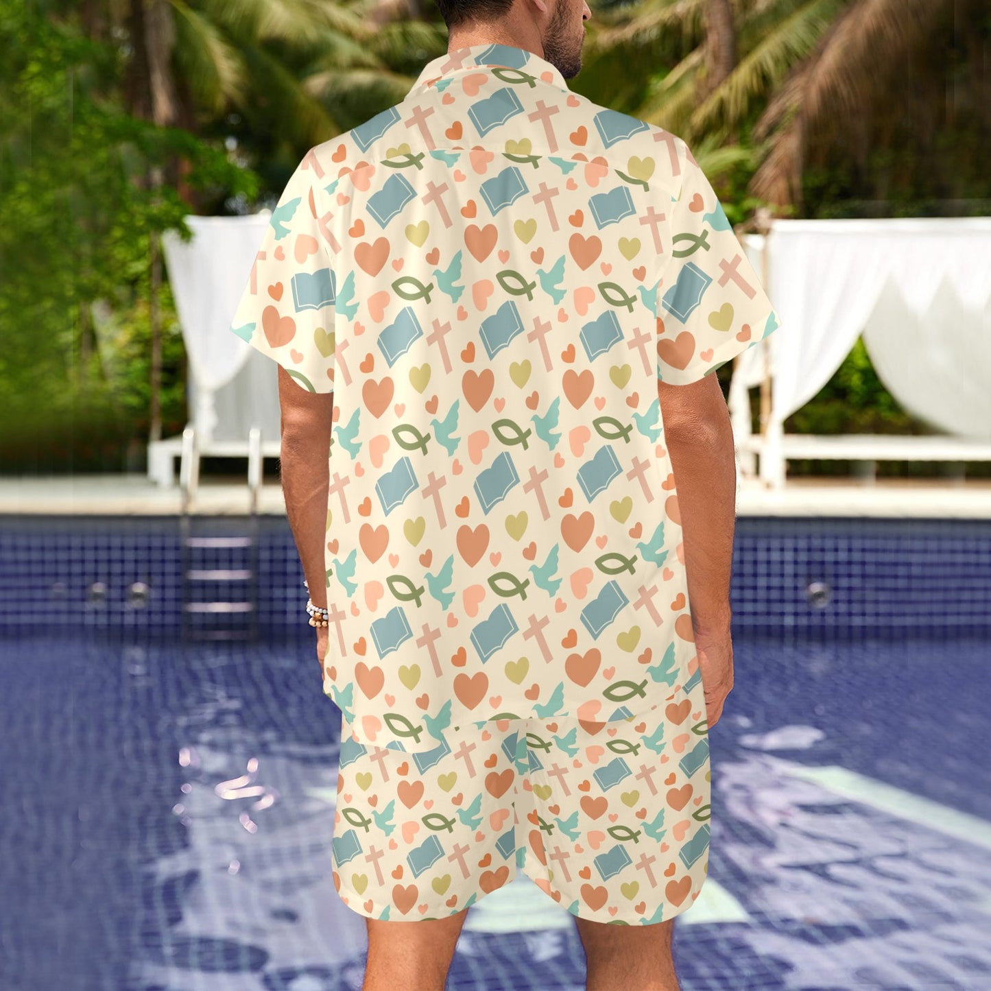 Christian Symbol Pattern Men's Beach Shirt and Shorts Set