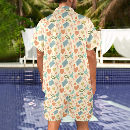 Christian Symbol Pattern Men's Beach Shirt and Shorts Set