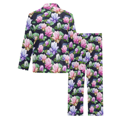 Lotus Flower Print Design Men's Long Pajama Set