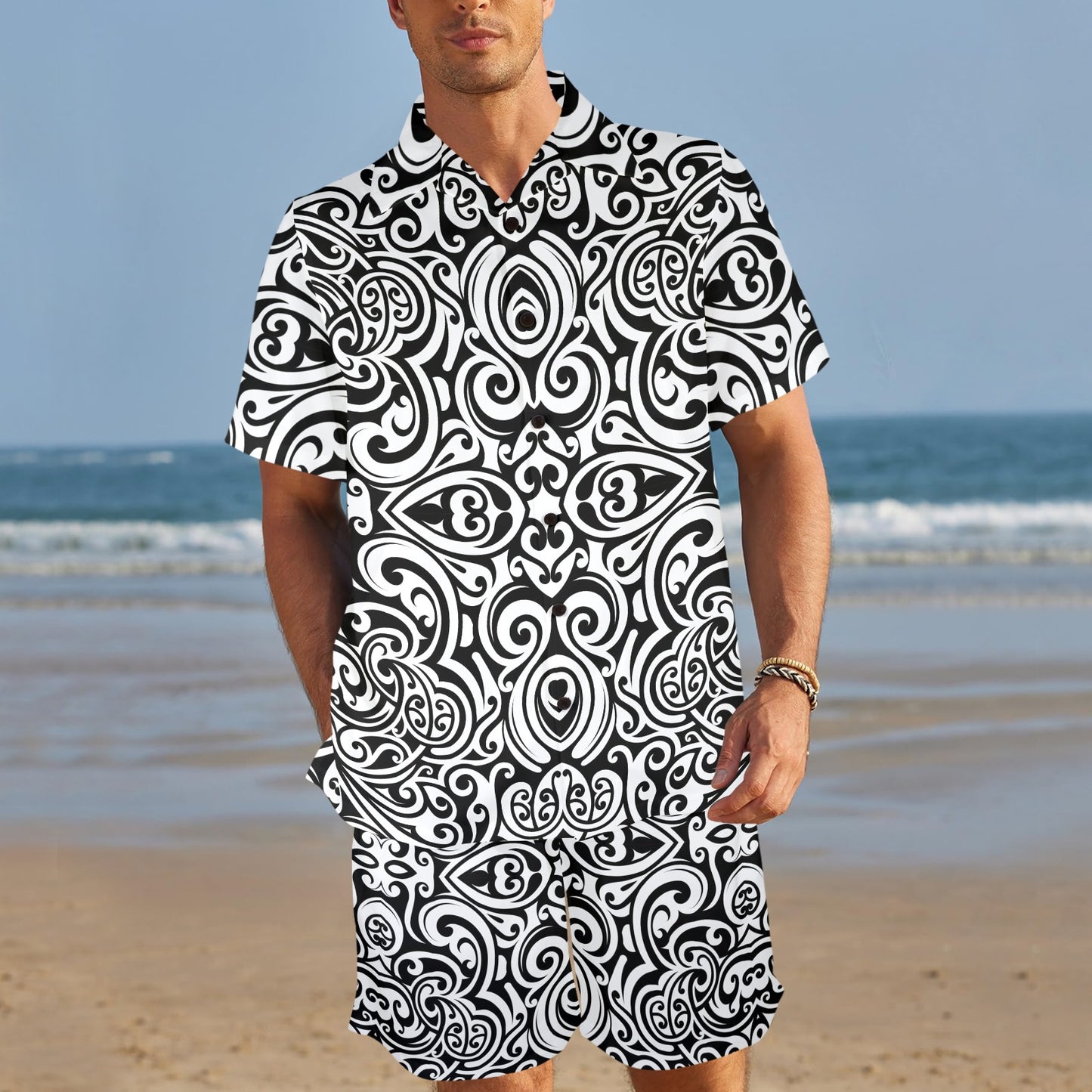 Polynesian Tattoo Pattern Men's Beach Shirt and Shorts Set