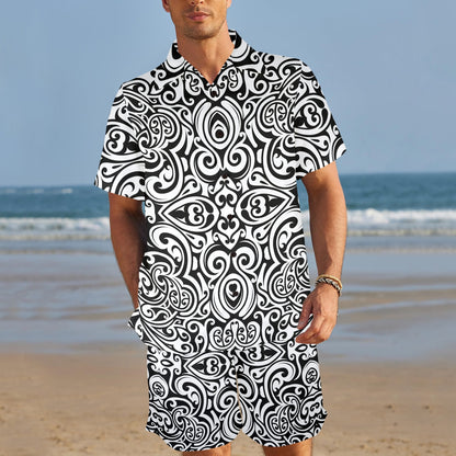 Polynesian Tattoo Pattern Men's Beach Shirt and Shorts Set
