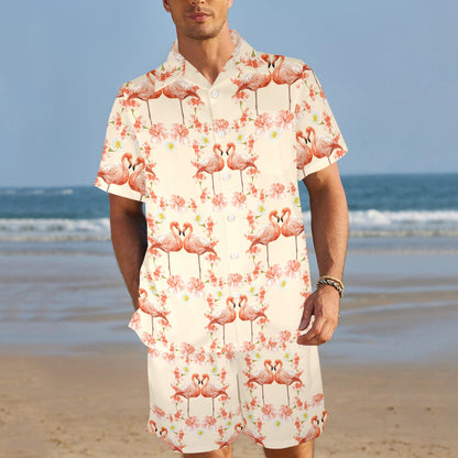Flamingo Hibiscus Print Pattern Men's Beach Shirt and Shorts Set