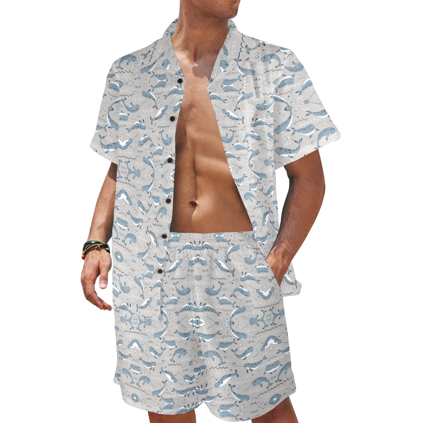 Narwhal Pattern Print Men's Beach Shirt and Shorts Set