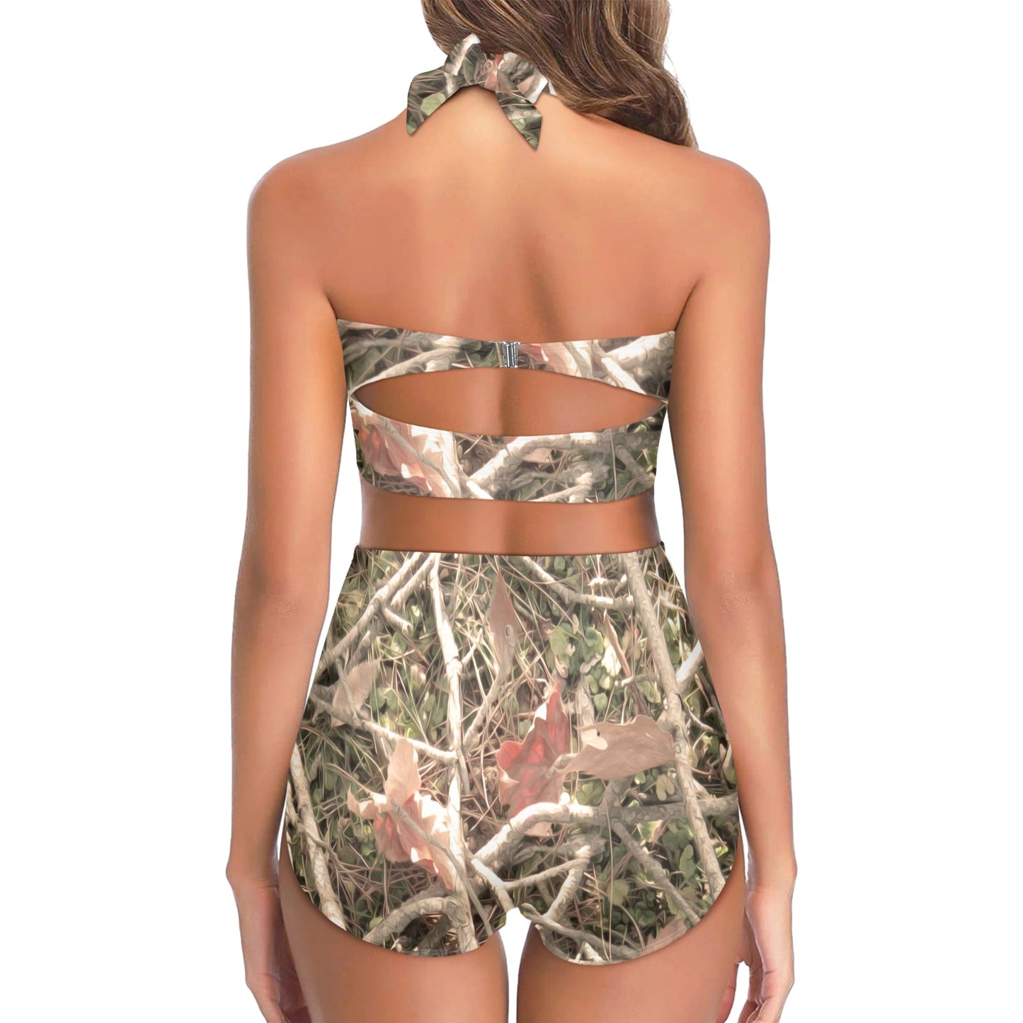 Camouflage Realistic Tree Authumn Print Halter Neck Bikini Swimsuit