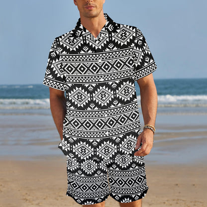 Aztec Black White Print Pattern Men's Beach Shirt and Shorts Set