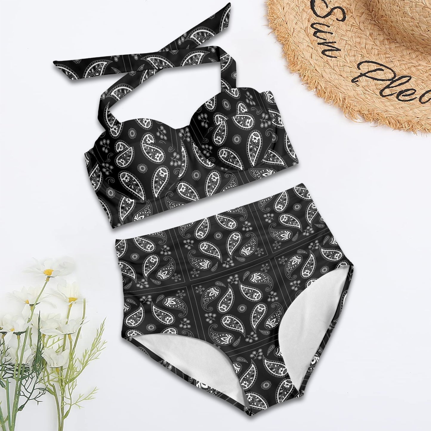 Bandana Paisley Black Print Design LKS308 Halter Neck Bikini Swimsuit
