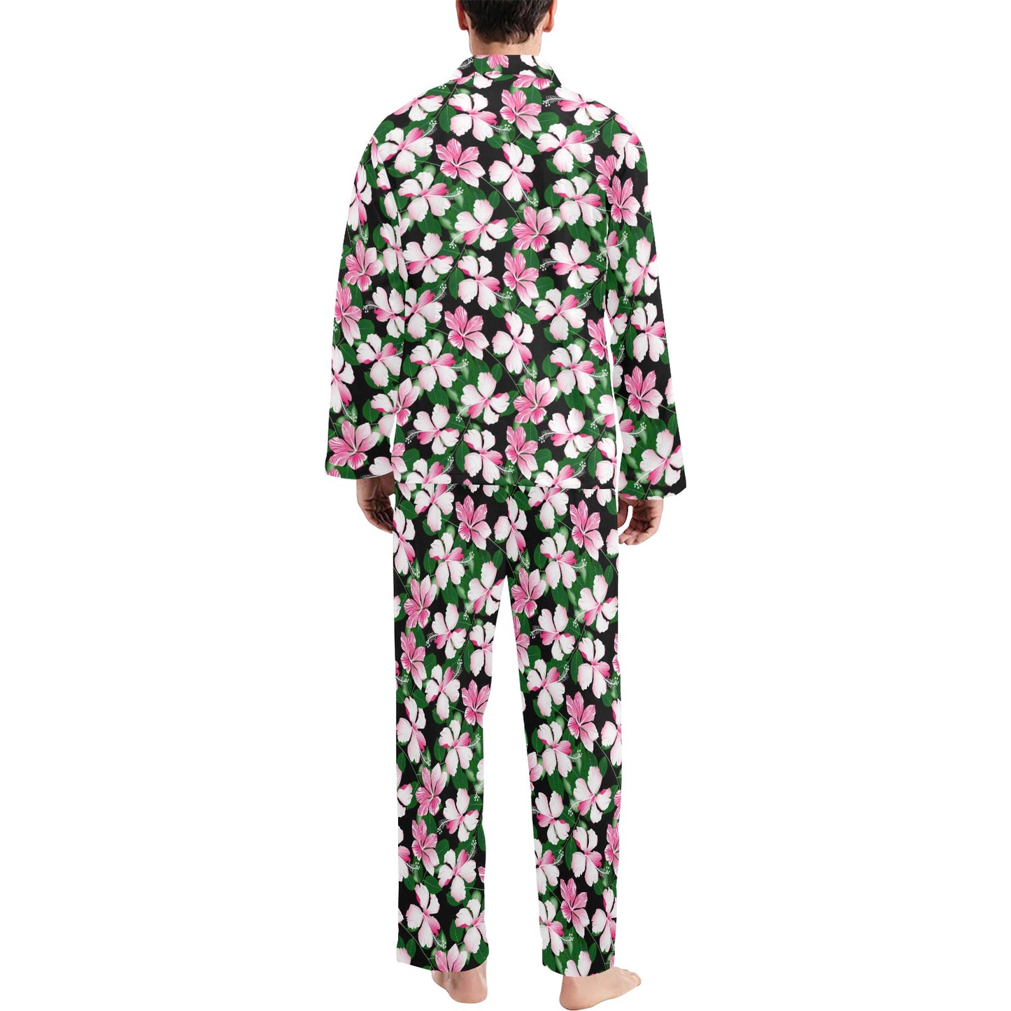 Hibiscus Pink Flower Hawaiian Print Men's Long Pajama Set
