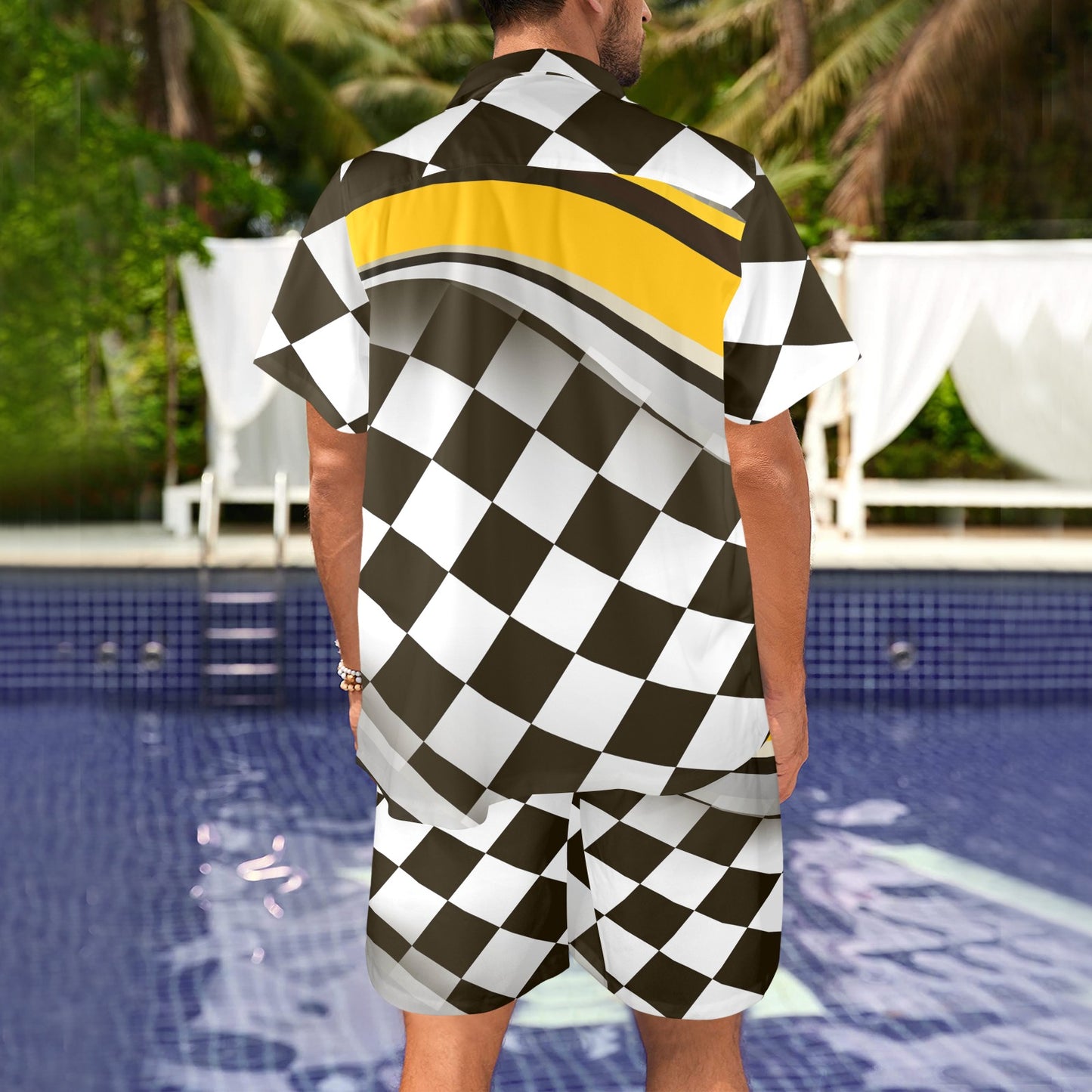 Checkered Flag Racing Style Men's Beach Shirt and Shorts Set