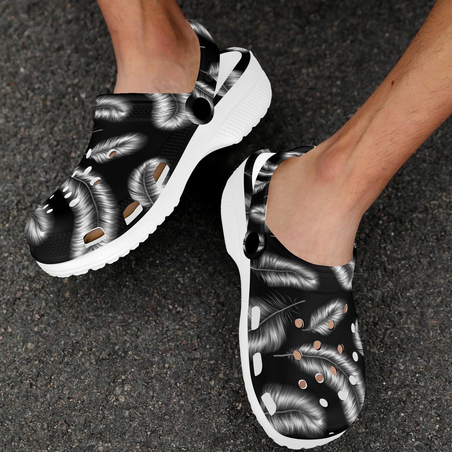 Feather Black White Design Print Unisex Clogs Shoes