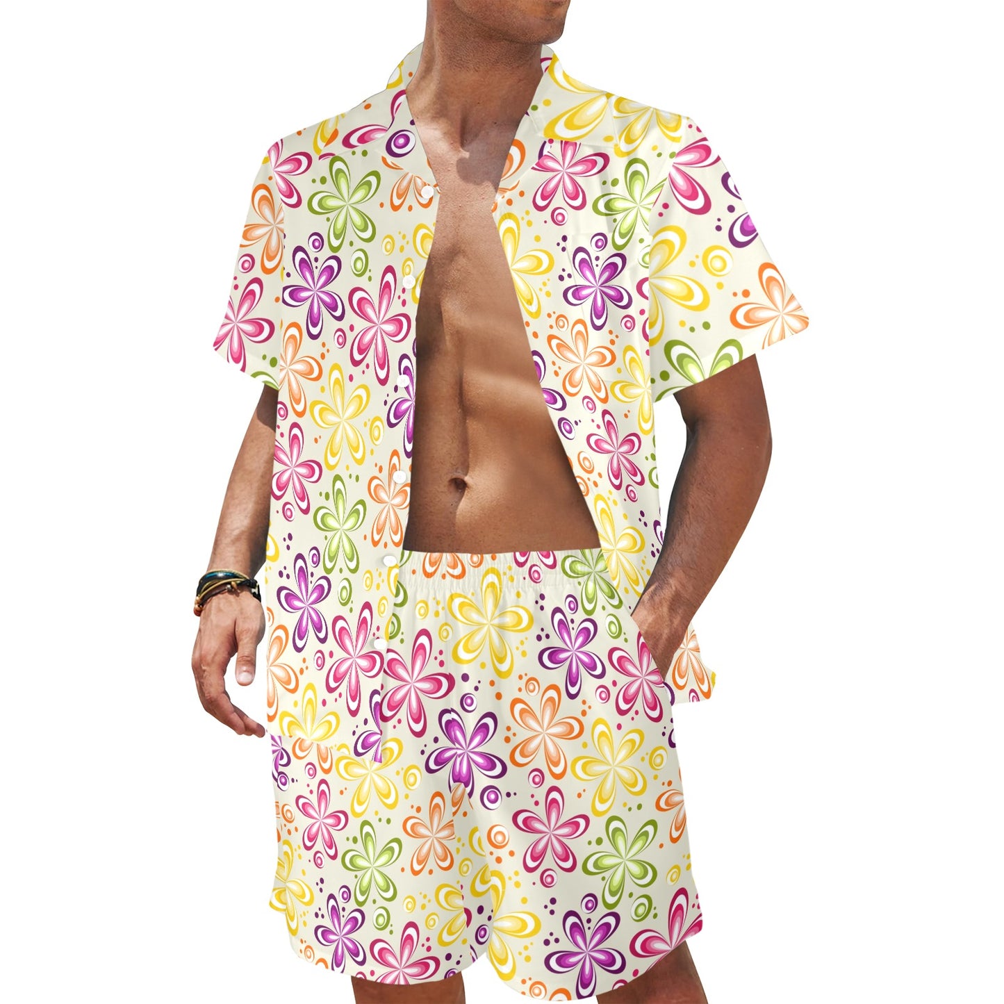 Flower Power Colorful Design Print Men's Beach Shirt and Shorts Set