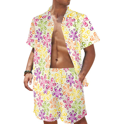 Flower Power Colorful Design Print Men's Beach Shirt and Shorts Set
