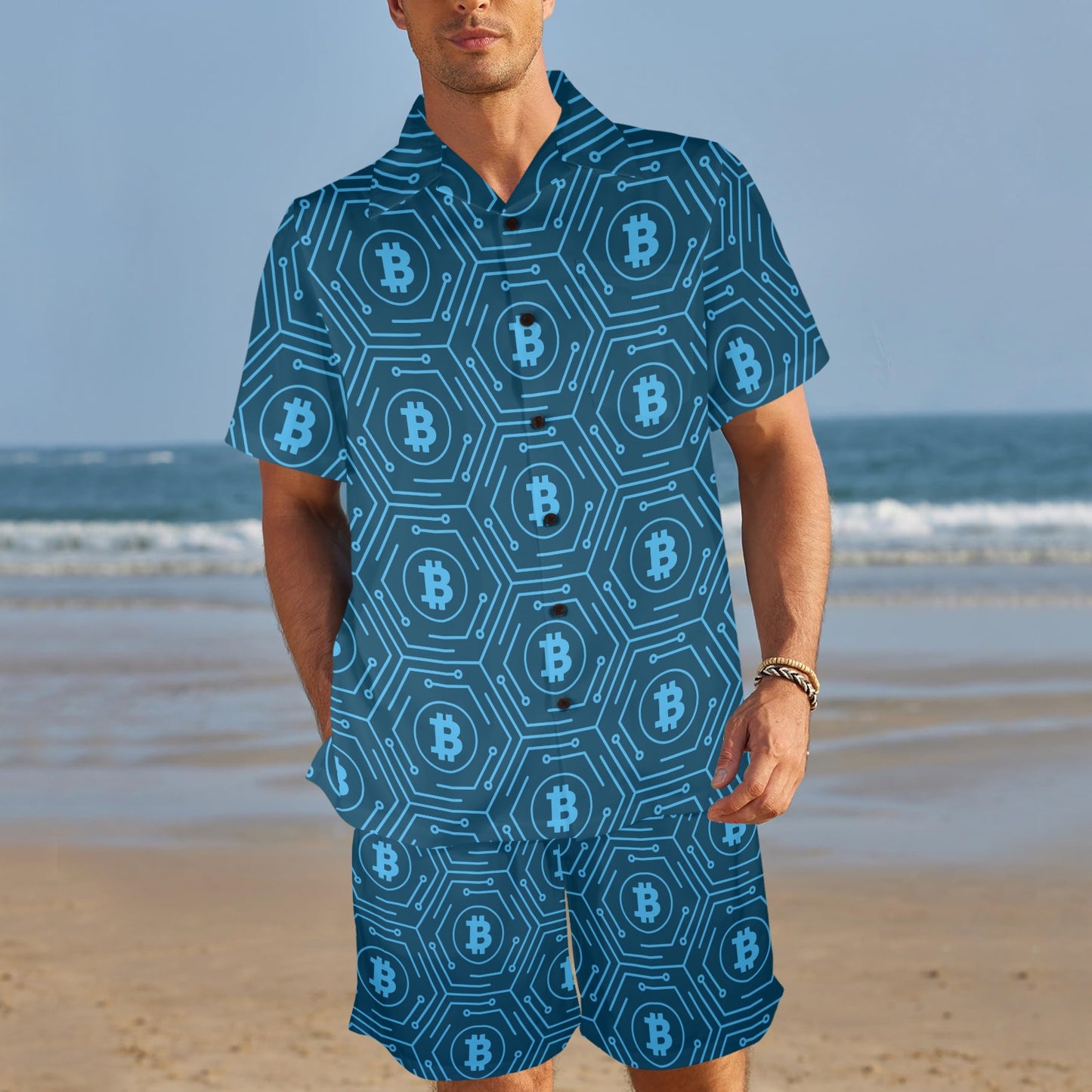 Cryptocurrency Pattern Print Design 04 Men's Beach Shirt and Shorts Set
