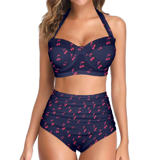 Cherry Pattern Print Design 02 Halter Neck Bikini Swimsuit