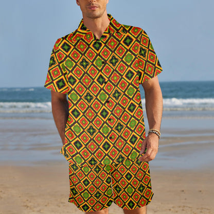 Rasta Reggae Color Pattern Men's Beach Shirt and Shorts Set