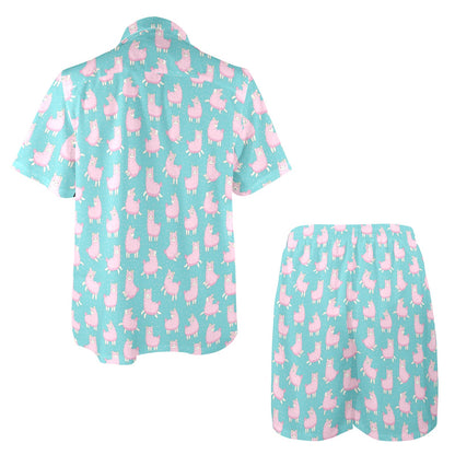 Alpaca Cartoon Design Themed Print Men's Beach Shirt and Shorts Set