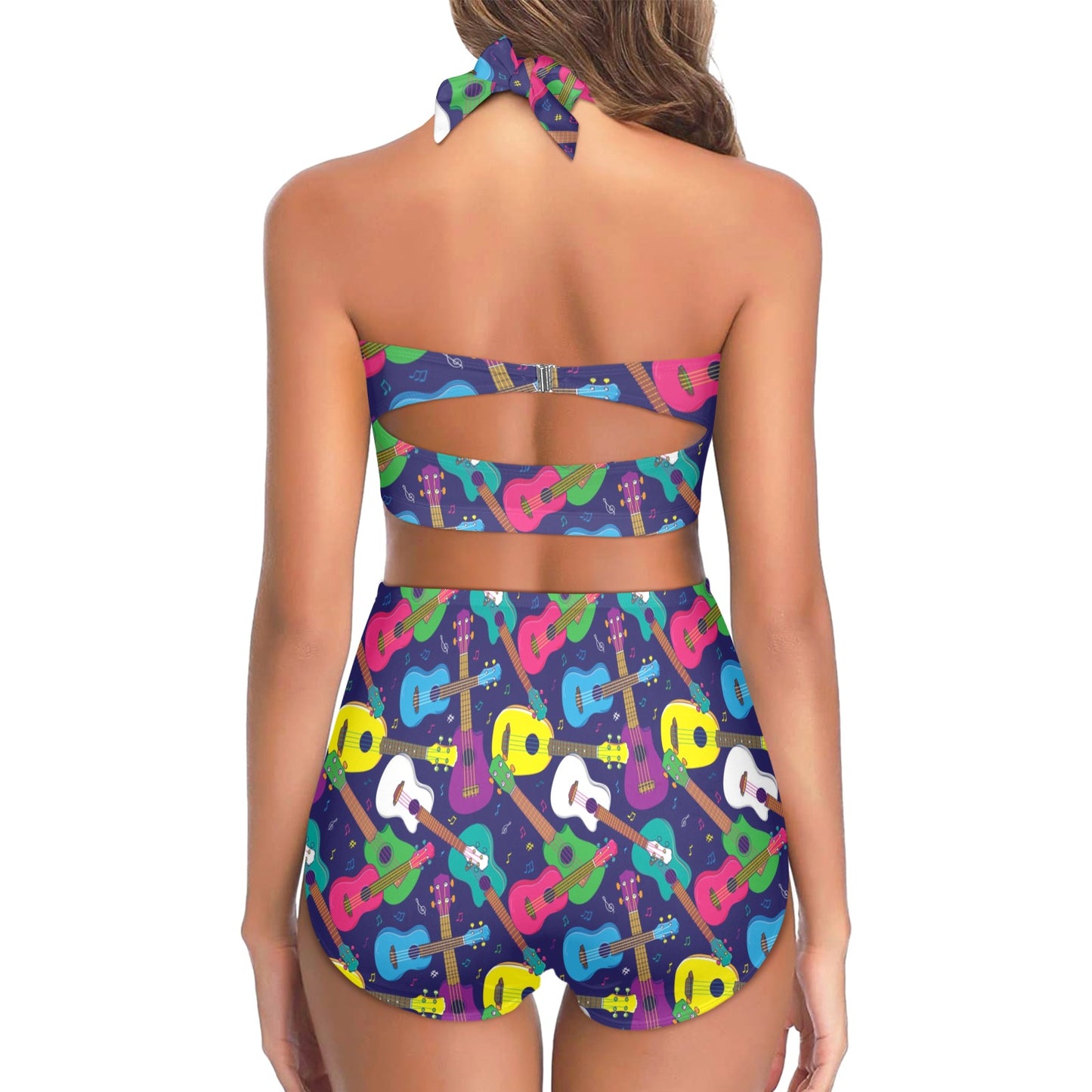 Ukulele Pattern Print Design 02 Halter Neck Bikini Swimsuit