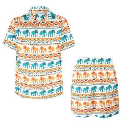 Elephant Aztec Ethnic Print Pattern Men's Beach Shirt and Shorts Set