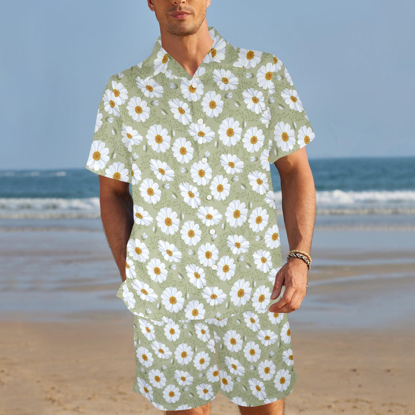 Daisy Yellow Print Pattern Men's Beach Shirt and Shorts Set