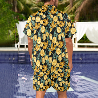 Elegant Yellow Tulip Print Men's Beach Shirt and Shorts Set