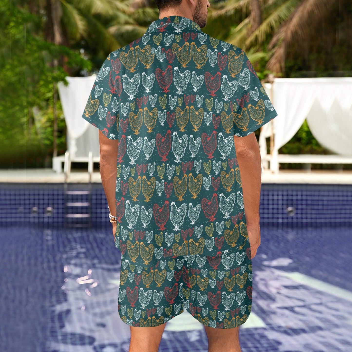 Rooster Hand Draw Design Men's Beach Shirt and Shorts Set