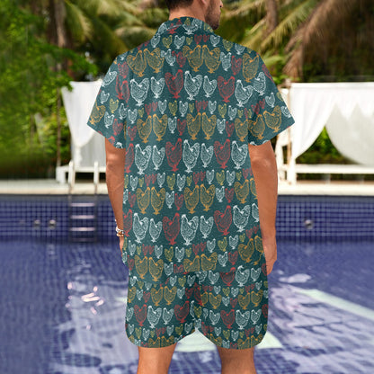 Rooster Hand Draw Design Men's Beach Shirt and Shorts Set