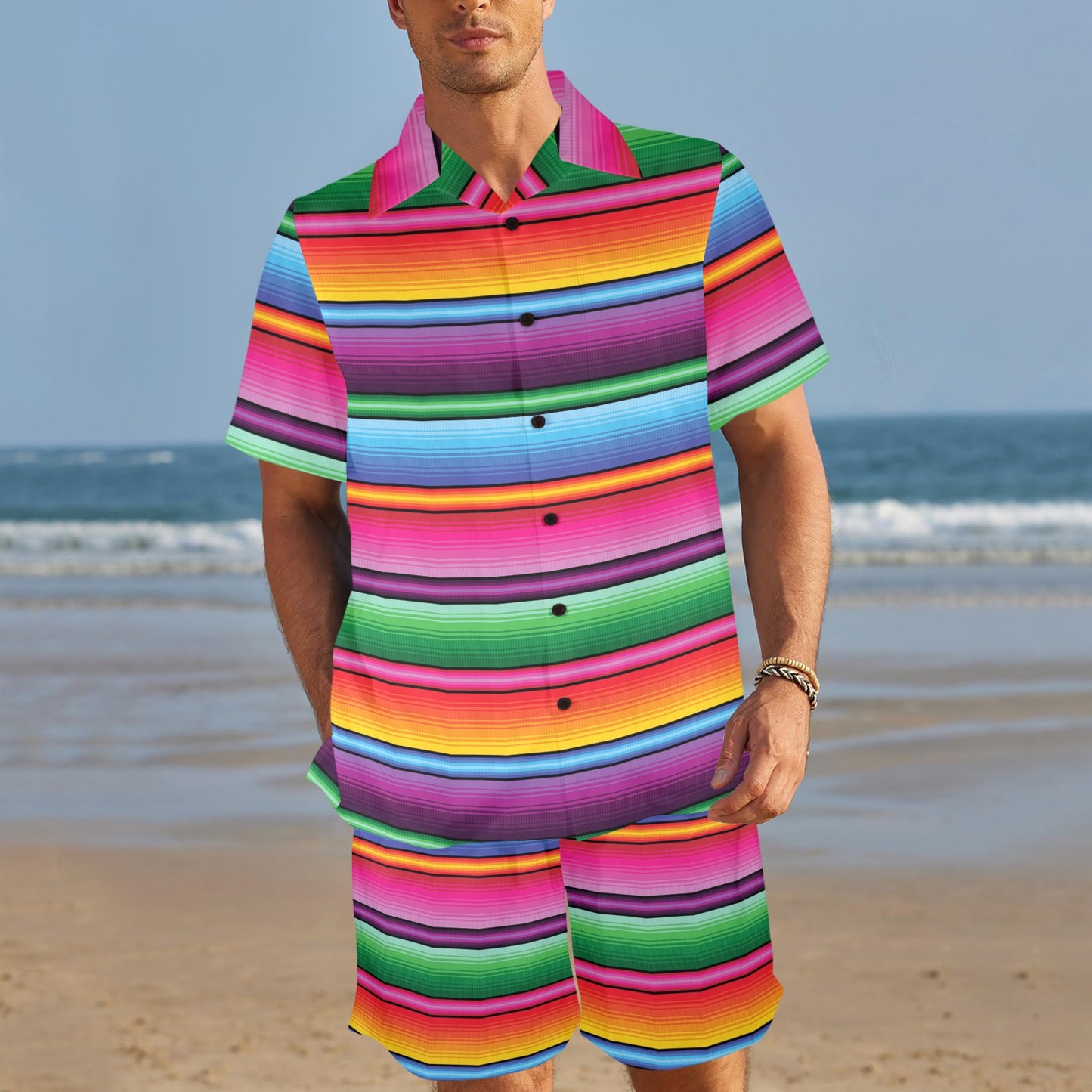 Mexican Blanket Colorful Print Pattern Men's Beach Shirt and Shorts Set