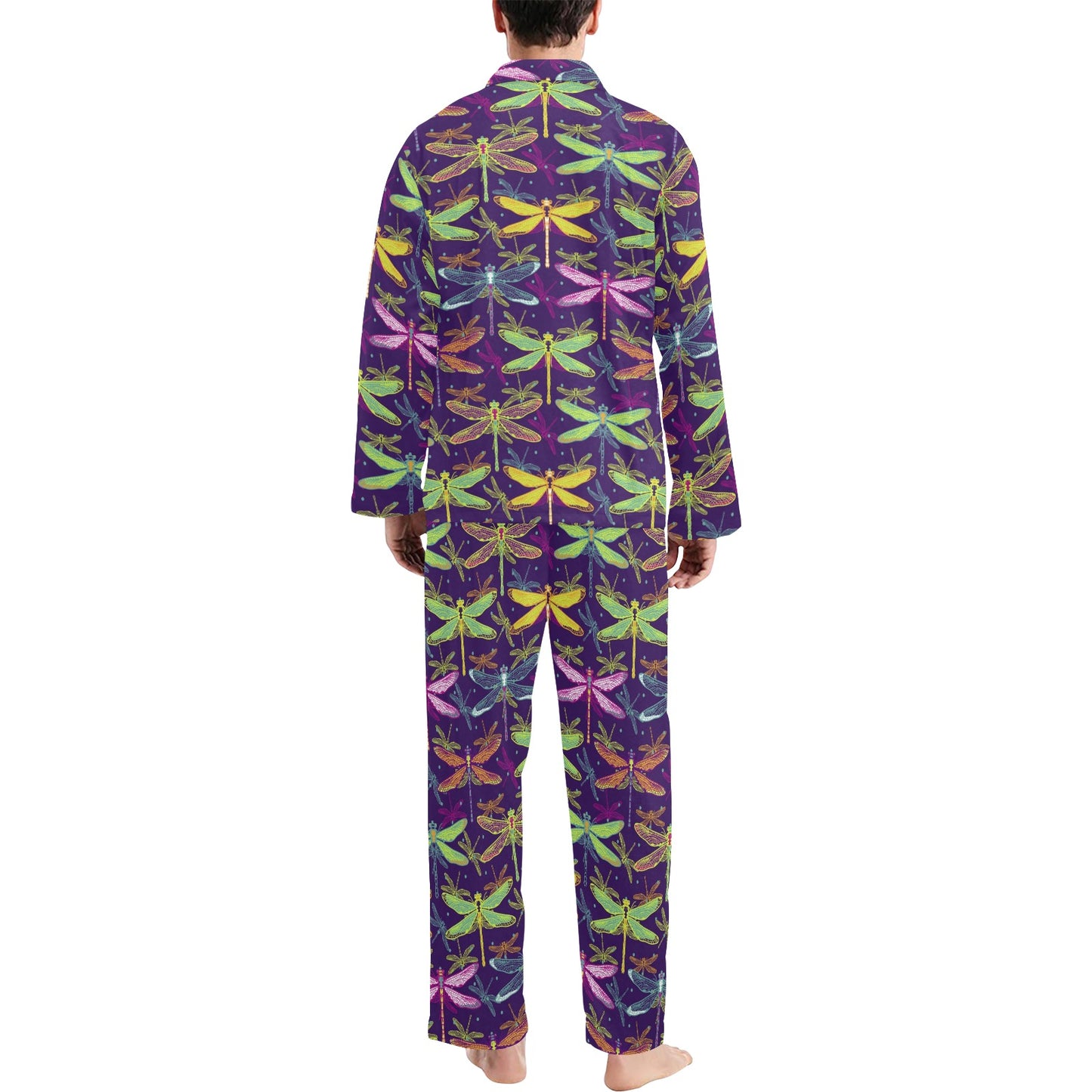 Dragonfly Neon Color Print Pattern Men's Long Pajama Set