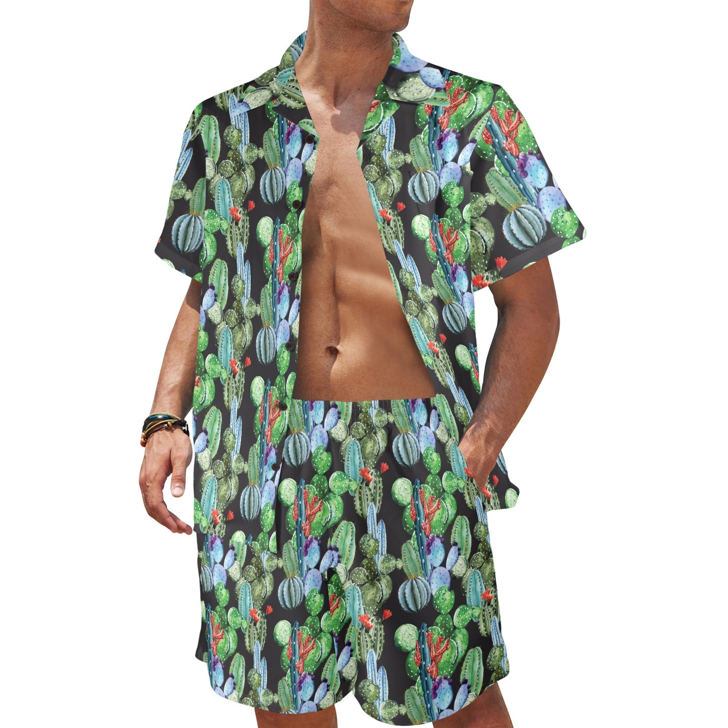 Cactus Watercolor Style Print Men's Beach Shirt and Shorts Set