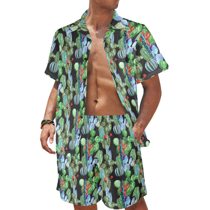 Cactus Watercolor Style Print Men's Beach Shirt and Shorts Set