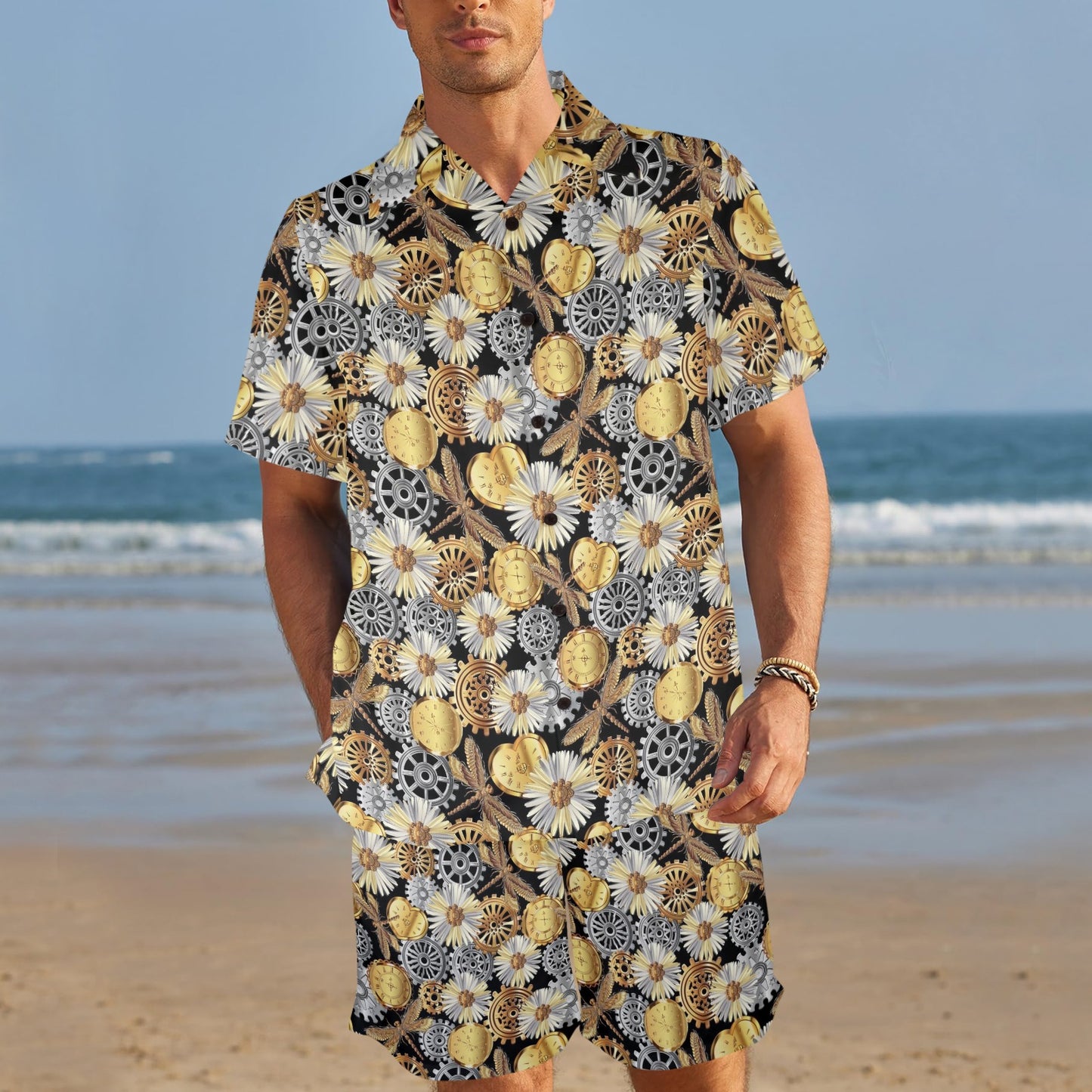Steampunk Dragonfly Print Design LKS302 Men's Beach Shirt and Shorts Set