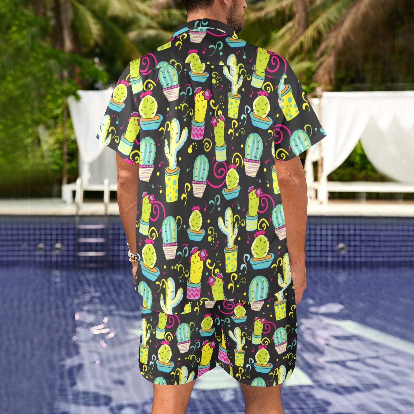 Cactus Neon Style Print Pattern Men's Beach Shirt and Shorts Set