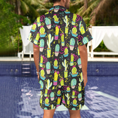 Cactus Neon Style Print Pattern Men's Beach Shirt and Shorts Set