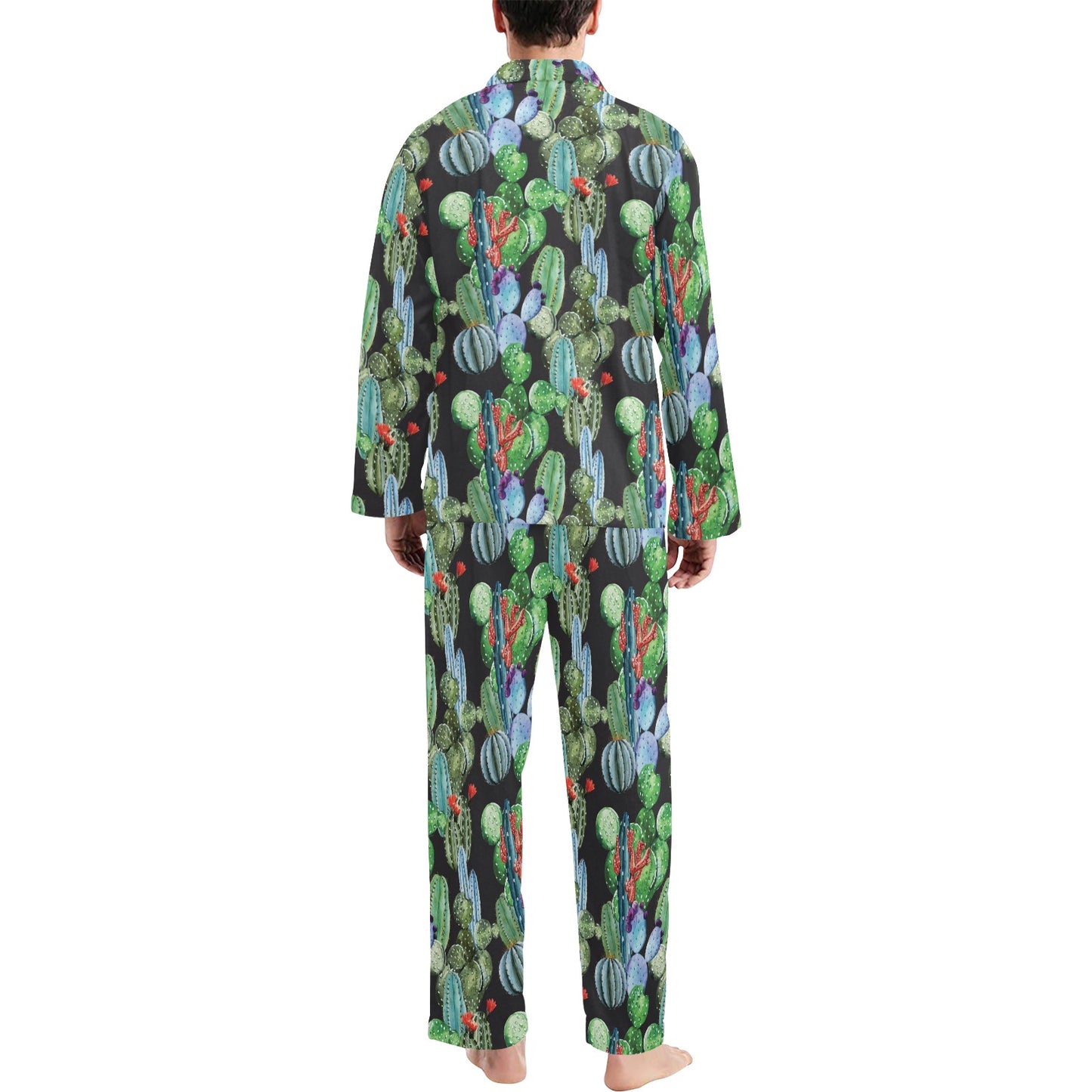 Cactus Watercolor Style Print Men's Long Pajama Set