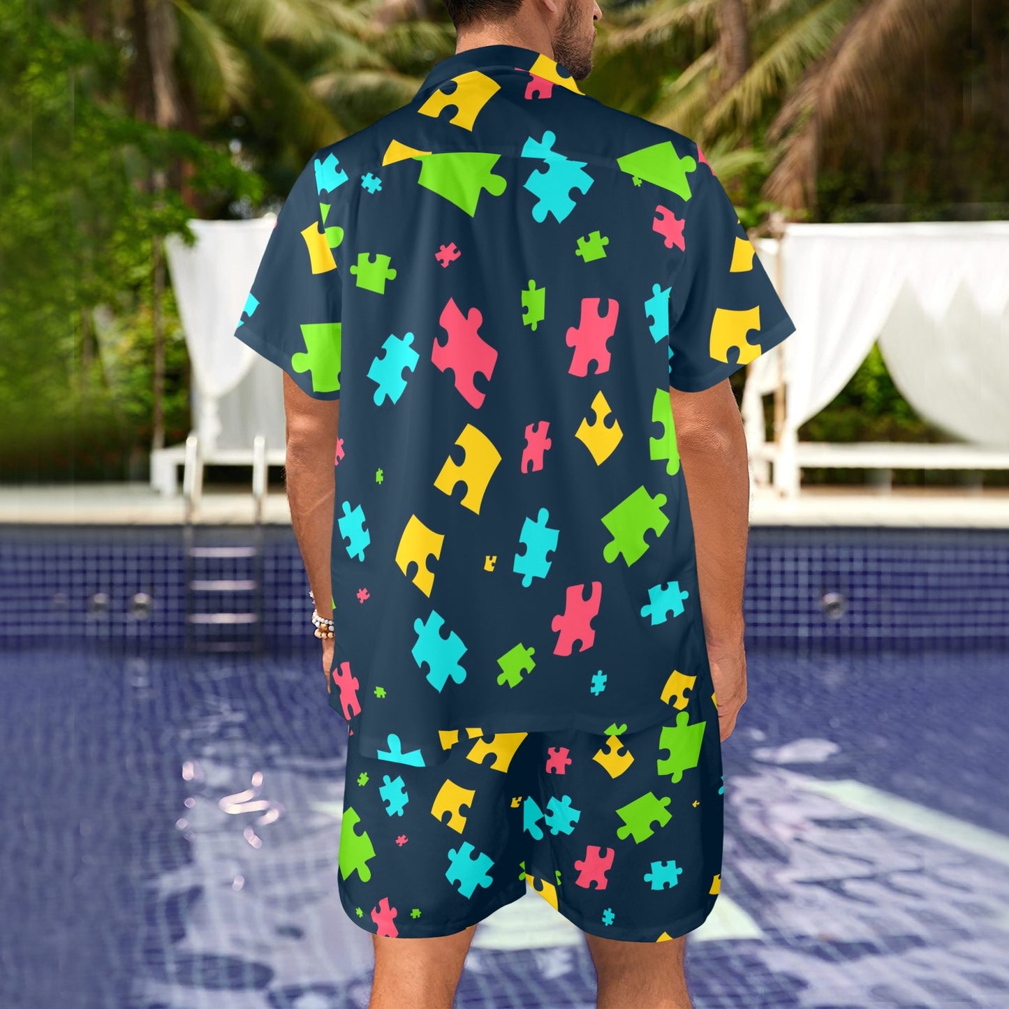 Autism Awareness Colorful Design Print Men's Beach Shirt and Shorts Set