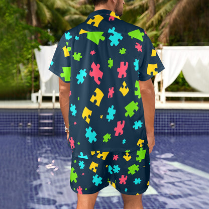 Autism Awareness Colorful Design Print Men's Beach Shirt and Shorts Set