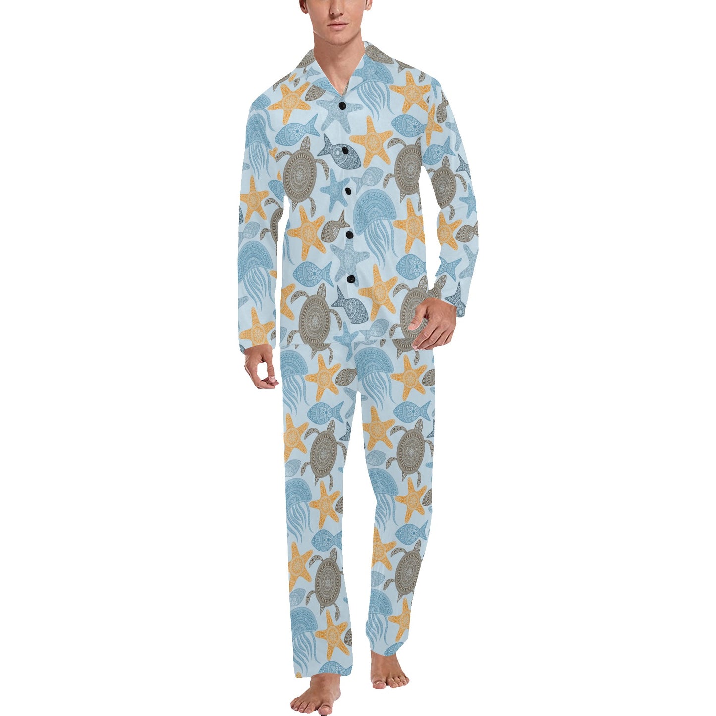 Polynesian Jellyfish Turtle Print Men's Long Pajama Set