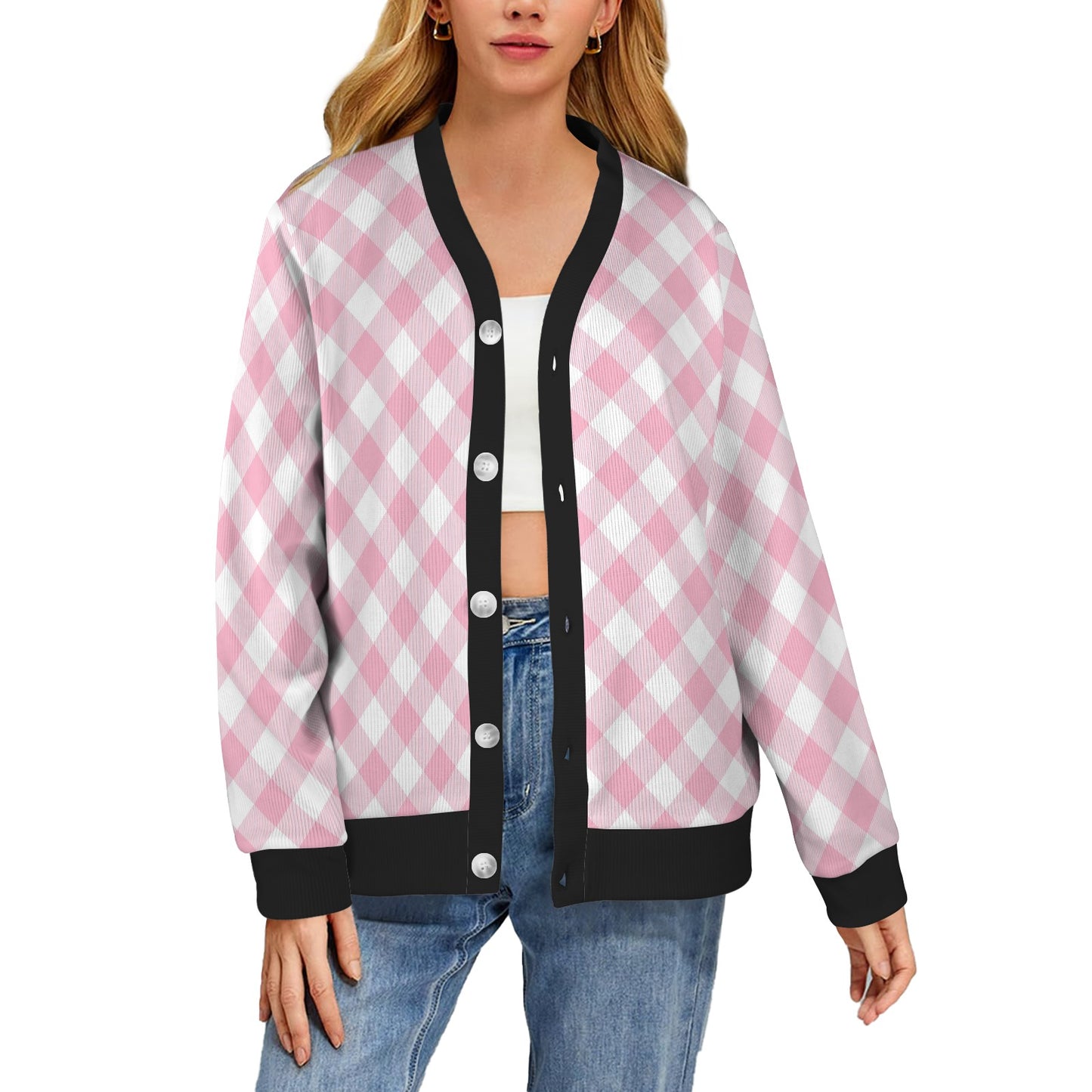 Gingham Pink Pattern Print Design 02 Women's Cardigan