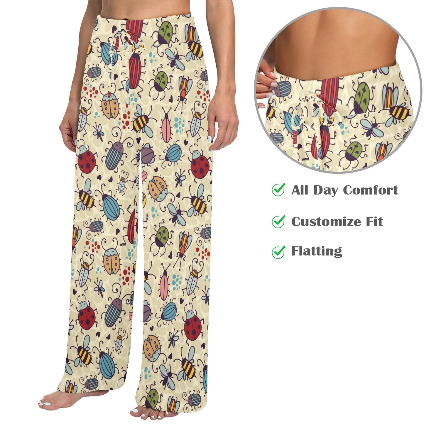 insects Design Print Pattern JJ0351 Women's Wide Leg Lounge Pants